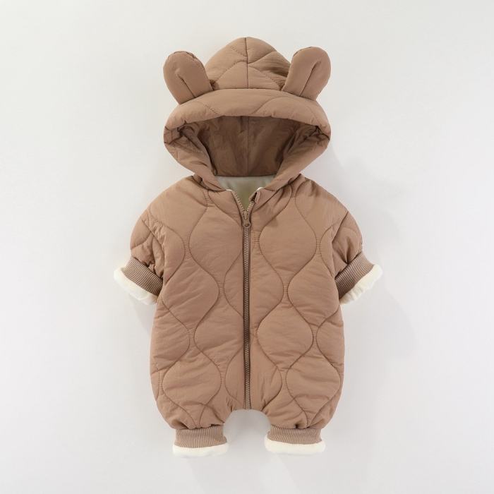 Combinezon de Iarna, pentru Bebelusi, din Bumbac, cu Urechi, Mansete Elastice, Unisex, 66 cm, Maro [3]