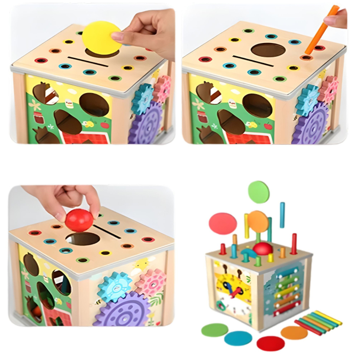 Cub Educativ Montessori din Lemn, Multifunctional, Sortare Forme si Culori, Activitati Educative, Multicolor, Jucarie Interactiva [5]