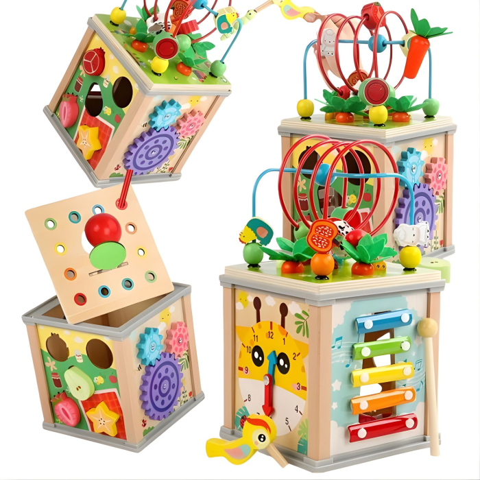 Cub Educativ Montessori din Lemn, Multifunctional, Sortare Forme si Culori, Activitati Educative, Multicolor, Jucarie Interactiva [3]