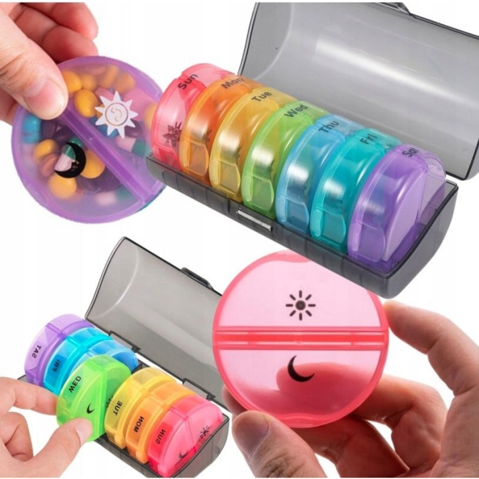 Cutie Depozitare Medicamente, 7 Zile, 14 Compartimente, Cutie Suport, Recipiente Detasabile, Portabila, Recipiente Colorate, Suport Negru, 17.5x11x9.5 cm [3]