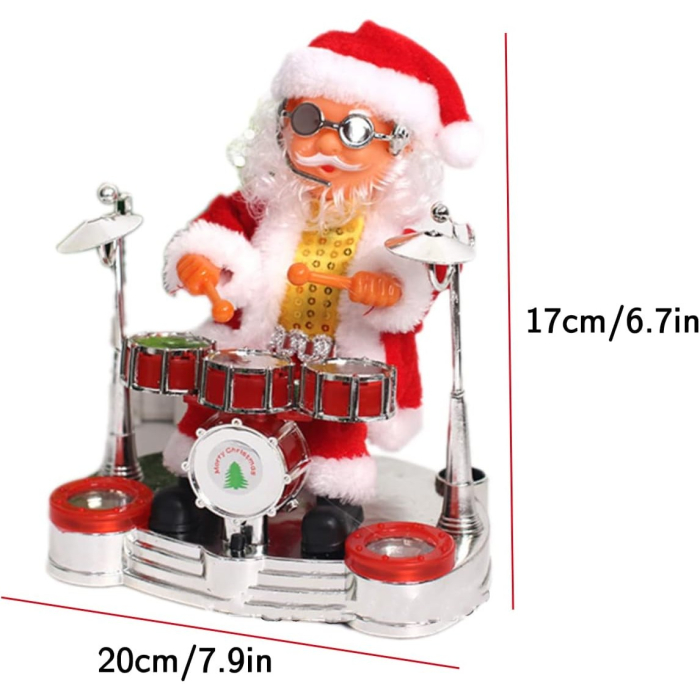 Decoratiune Mos Craciun, Animat, care Canta si Danseaza, cu Tobe, Imbracat Festiv, 20x17 cm Inaltime, Rosu [5]