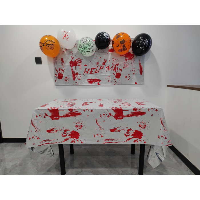 Fata de Masa, din Folie, Imprimeu Halloween - Help Me, 137 x 274 cm, Alb/Rosu [5]