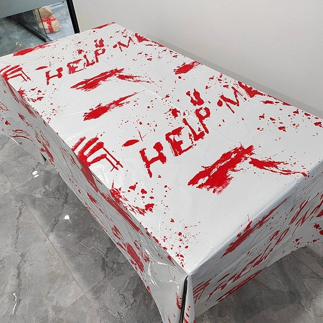 Fata de Masa, din Folie, Imprimeu Halloween - Help Me, 137 x 274 cm, Alb/Rosu [3]