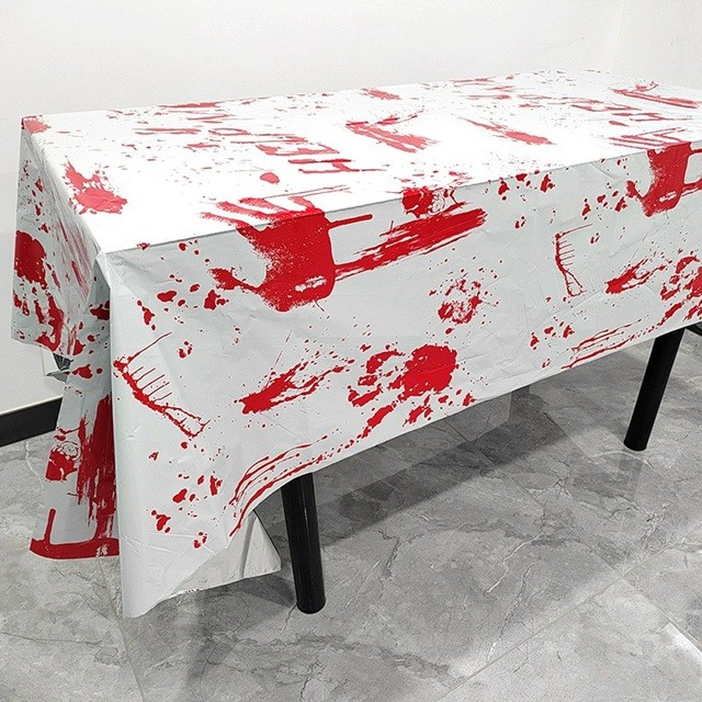Fata de Masa, din Folie, Imprimeu Halloween - Help Me, 137 x 274 cm, Alb/Rosu [2]