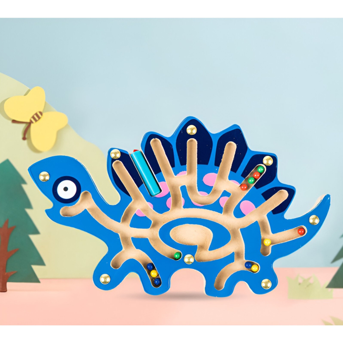 Joc Montessori cu Bile, Creion Magnetic, Tip Labirint, din Lemn, Model Stegozaur, 25x15.5 cm, Albastru [3]