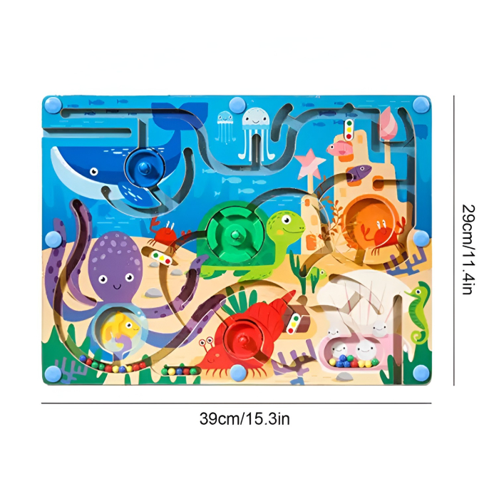 Joc Montessori de Sortare Culori, Creion Magnetic, Tip Labirint Ilustrat, din Lemn, Model Animale Marine, 39x29x1.5 cm [2]