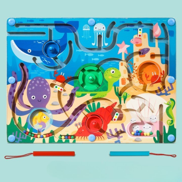 Joc Montessori de Sortare Culori, Creion Magnetic, Tip Labirint Ilustrat, din Lemn, Model Animale Marine, 39x29x1.5 cm [3]