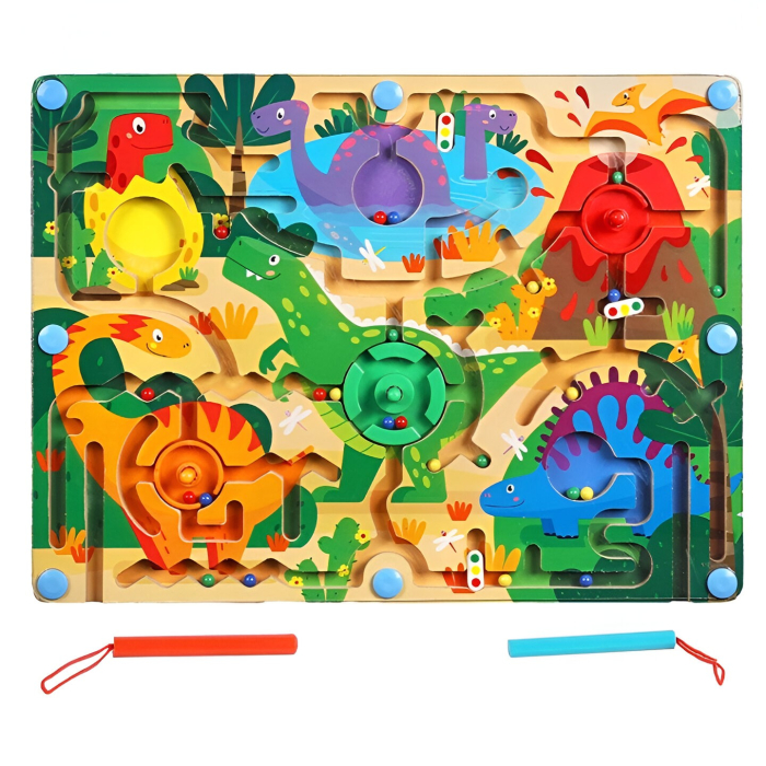 Joc Montessori de Sortare Culori, Creion Magnetic, Tip Labirint Ilustrat, din Lemn, Model Dinozauri, 39x29x1.5 cm [1]