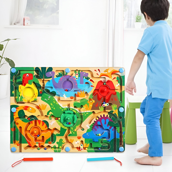 Joc Montessori de Sortare Culori, Creion Magnetic, Tip Labirint Ilustrat, din Lemn, Model Dinozauri, 39x29x1.5 cm [4]