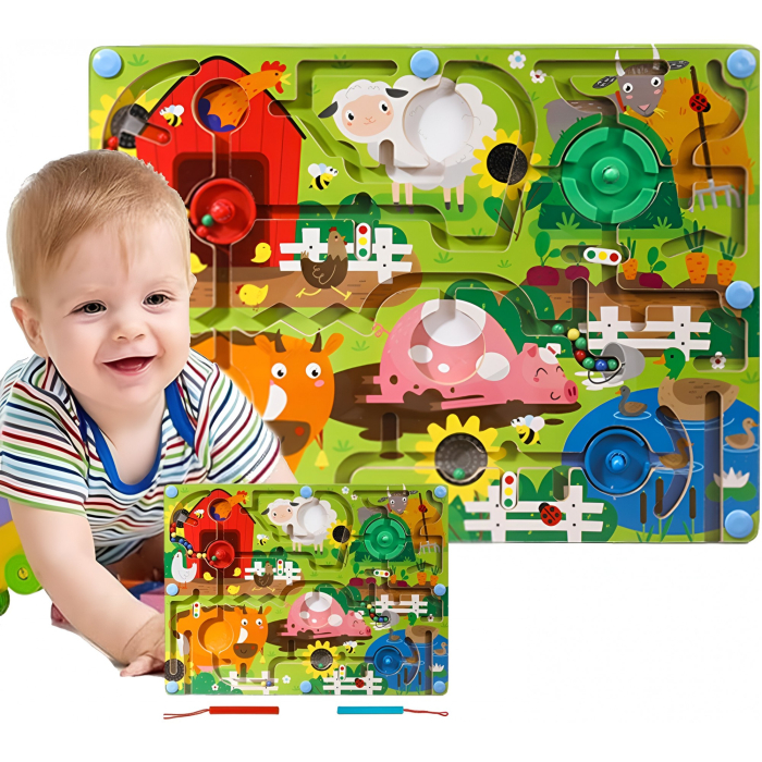 Joc Montessori de Sortare Culori, Creion Magnetic, Tip Labirint Ilustrat, din Lemn, Model Ferma, 39x29x1.5 cm [8]