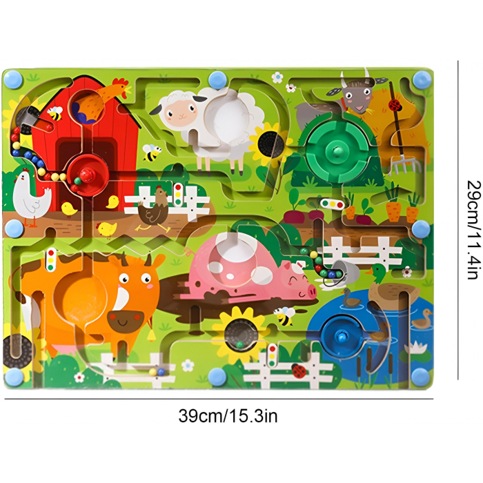 Joc Montessori de Sortare Culori, Creion Magnetic, Tip Labirint Ilustrat, din Lemn, Model Ferma, 39x29x1.5 cm [6]