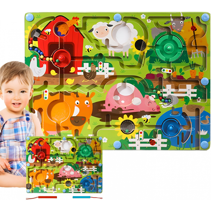 Joc Montessori de Sortare Culori, Creion Magnetic, Tip Labirint Ilustrat, din Lemn, Model Ferma, 39x29x1.5 cm [5]