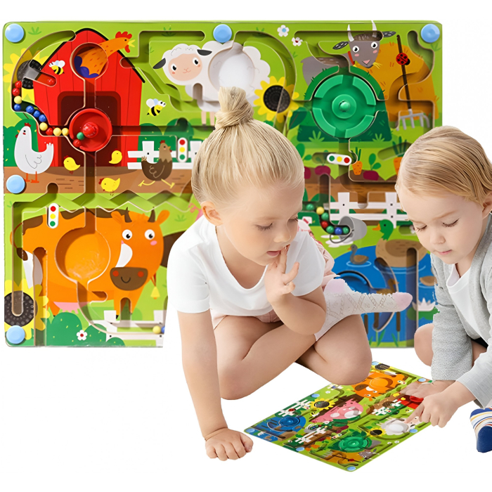 Joc Montessori de Sortare Culori, Creion Magnetic, Tip Labirint Ilustrat, din Lemn, Model Ferma, 39x29x1.5 cm [4]