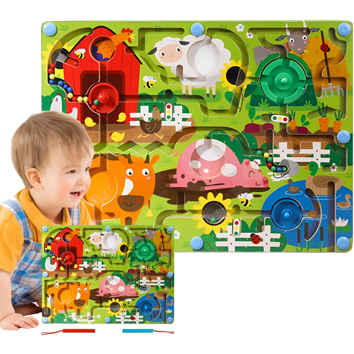 Joc Montessori de Sortare Culori, Creion Magnetic, Tip Labirint Ilustrat, din Lemn, Model Ferma, 39x29x1.5 cm [3]