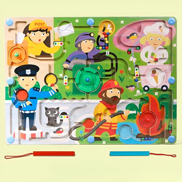 Joc Montessori de Sortare Culori, Creion Magnetic, Tip Labirint Ilustrat, din Lemn, Model Meserii, 39x29x1.5 cm [2]