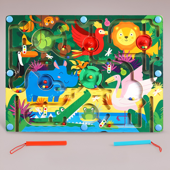 Joc Montessori de Sortare Culori, Creion Magnetic, Tip Labirint Ilustrat, din Lemn, Model Animale Salbatice, 39x29x1.5 cm [7]
