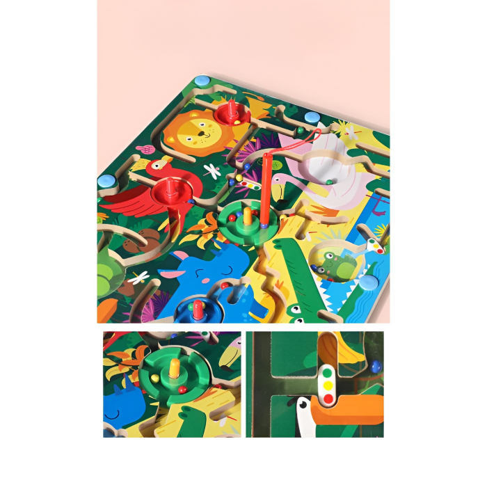 Joc Montessori de Sortare Culori, Creion Magnetic, Tip Labirint Ilustrat, din Lemn, Model Animale Salbatice, 39x29x1.5 cm [2]