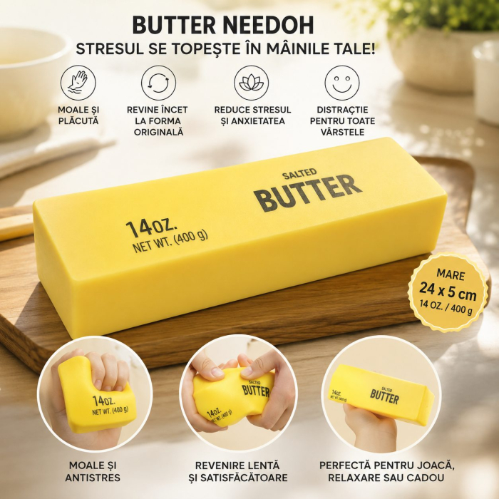 Jucarie Antistres Squishy, Model Butter Block, Tip Needoh, Moale cu Revenire Lenta, 400 g, 24 x 5 cm, Galben [5]