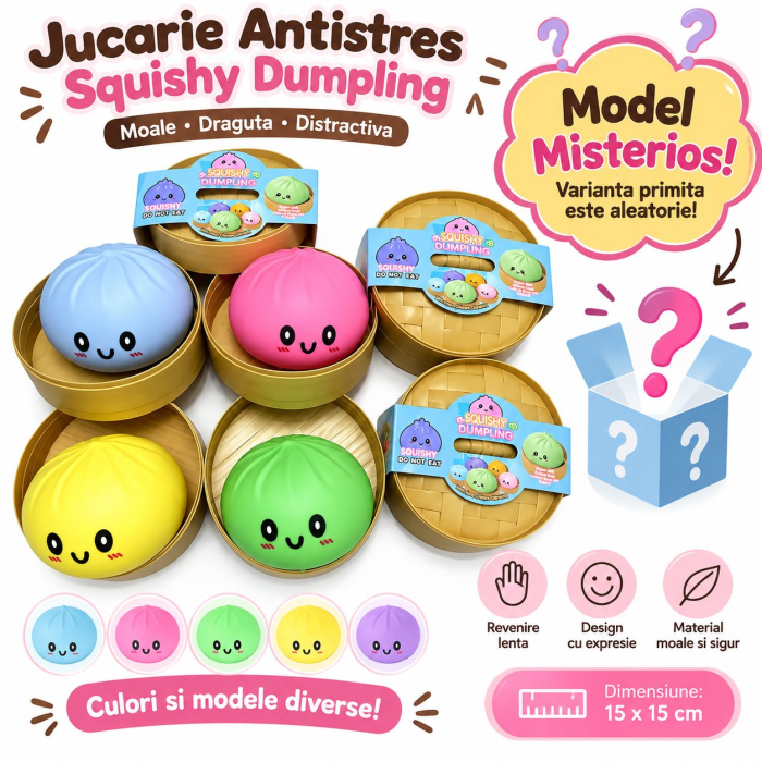 Jucarie Antistres Squishy, Model Dumpling cu Expresie, Revenire Lenta, 15x15 cm, Diverse Culori [4]