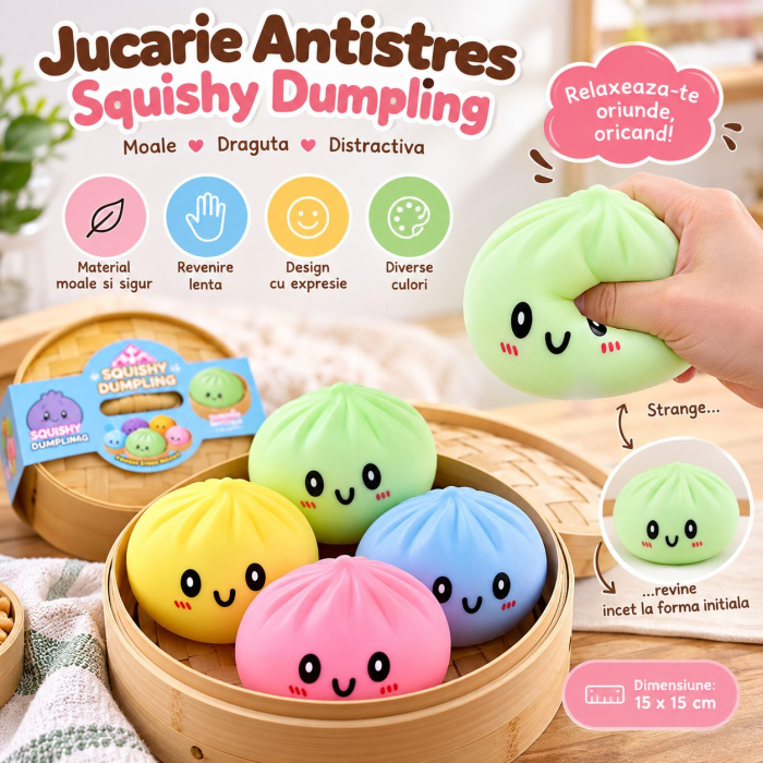 Jucarie Antistres Squishy, Model Dumpling cu Expresie, Revenire Lenta, 15x15 cm, Diverse Culori [3]