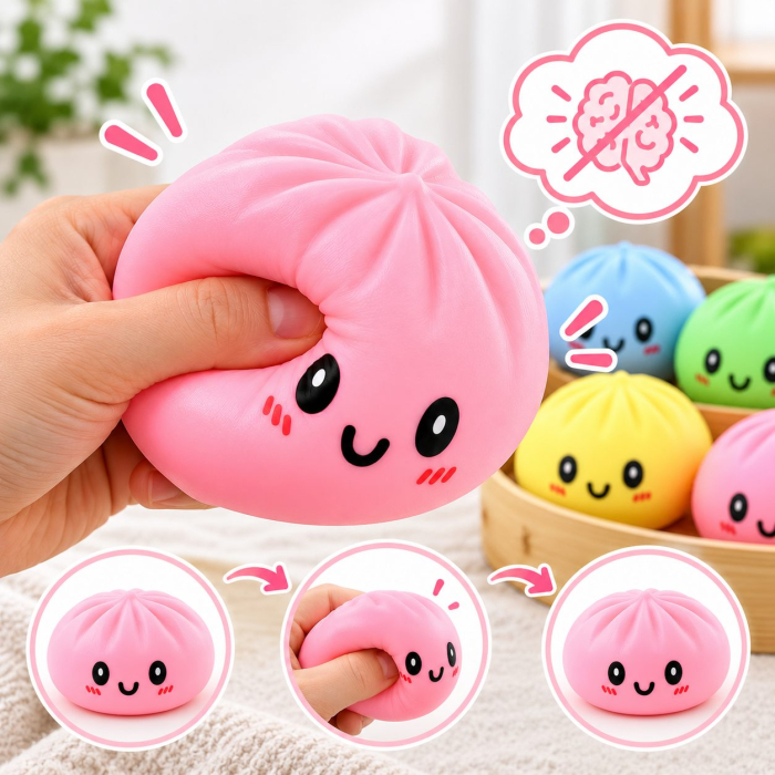 Jucarie Antistres Squishy, Model Dumpling cu Expresie, Revenire Lenta, 15x15 cm, Diverse Culori [6]