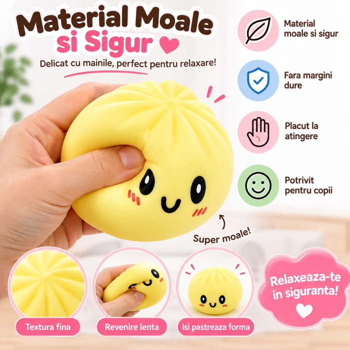 Jucarie Antistres Squishy, Model Dumpling cu Expresie, Revenire Lenta, 15x15 cm, Diverse Culori [5]