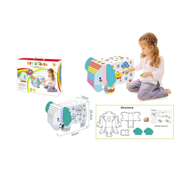 Jucarie Creativa pentru Copii, Model Elefant 3D, Set de Asamblat si Colorat din Carton, Puzzle 3D Educativ, 34 x 14 x 23 cm, 3+ ani, Multicolor [5]