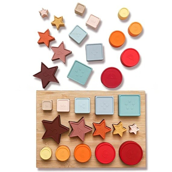 Jucarie Educativa, +12 Luni, Tip Montessori, din Lemn si Silicon, Forme Geometrice Stivuibile, 15 Piese, 27 x 19 cm, Multicolor [1]