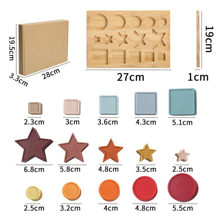 Jucarie Educativa, +12 Luni, Tip Montessori, din Lemn si Silicon, Forme Geometrice Stivuibile, 15 Piese, 27 x 19 cm, Multicolor [6]