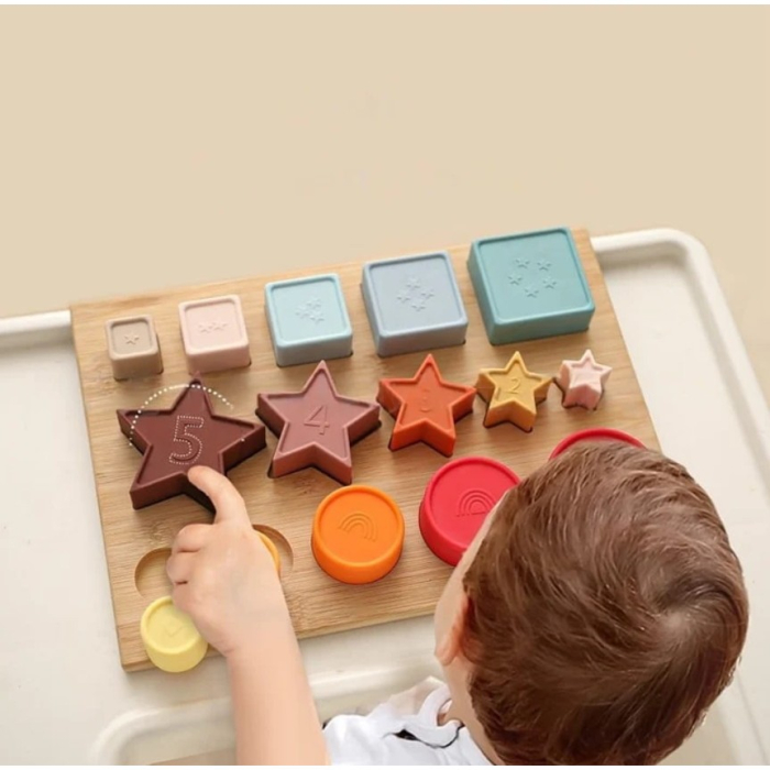Jucarie Educativa, +12 Luni, Tip Montessori, din Lemn si Silicon, Forme Geometrice Stivuibile, 15 Piese, 27 x 19 cm, Multicolor [2]