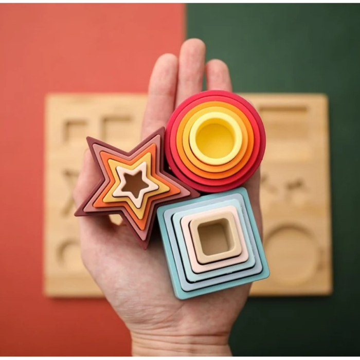 Jucarie Educativa, +12 Luni, Tip Montessori, din Lemn si Silicon, Forme Geometrice Stivuibile, 15 Piese, 27 x 19 cm, Multicolor [3]