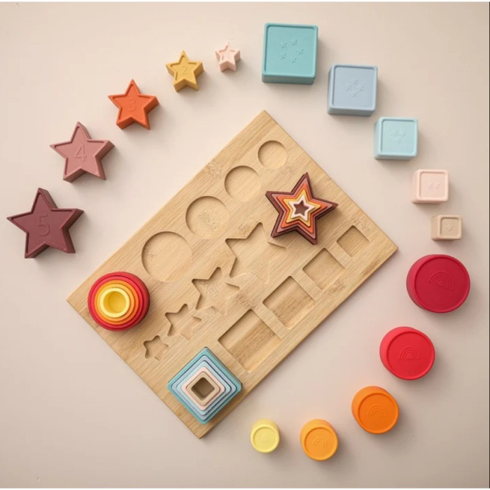 Jucarie Educativa, +12 Luni, Tip Montessori, din Lemn si Silicon, Forme Geometrice Stivuibile, 15 Piese, 27 x 19 cm, Multicolor [4]