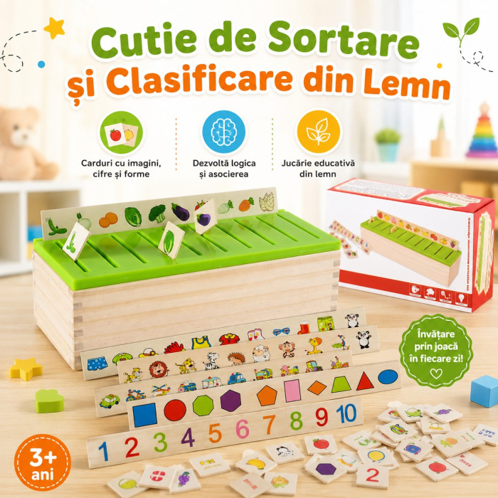 Jucarie Educativa din Lemn, Cutie de Sortare si Clasificare, Carduri cu Imagini, Cifre si Forme, Dezvolta Logica si Asocierea, Multicolor [4]