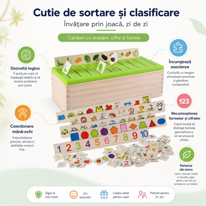 Jucarie Educativa din Lemn, Cutie de Sortare si Clasificare, Carduri cu Imagini, Cifre si Forme, Dezvolta Logica si Asocierea, Multicolor [3]
