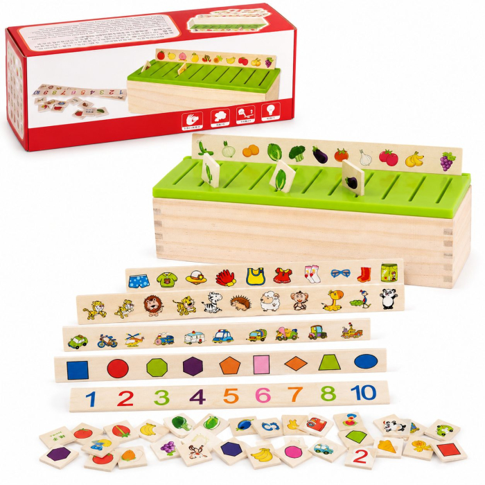Jucarie Educativa din Lemn, Cutie de Sortare si Clasificare, Carduri cu Imagini, Cifre si Forme, Dezvolta Logica si Asocierea, Multicolor [1]