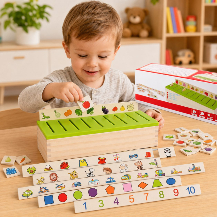 Jucarie Educativa din Lemn, Cutie de Sortare si Clasificare, Carduri cu Imagini, Cifre si Forme, Dezvolta Logica si Asocierea, Multicolor [2]