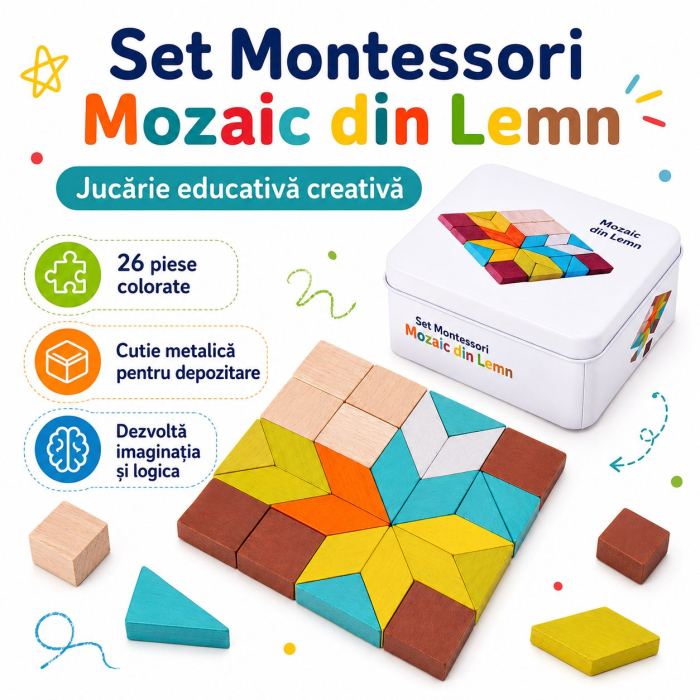 Jucarie Educativa din Lemn, Puzzle Mozaic Montessori, 26 Piese Geometrice, Cutie Metalica pentru Depozitare, 100 g, Multicolor [2]
