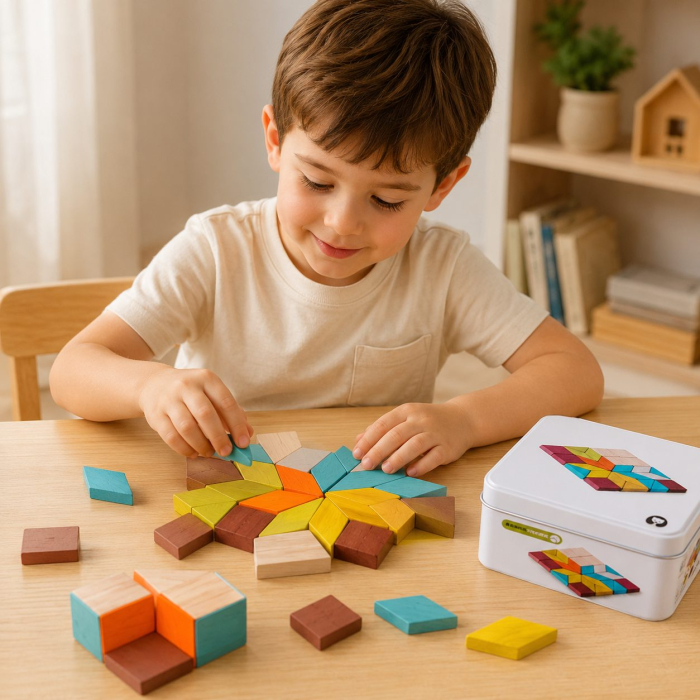 Jucarie Educativa din Lemn, Puzzle Mozaic Montessori, 26 Piese Geometrice, Cutie Metalica pentru Depozitare, 100 g, Multicolor [3]