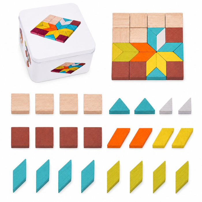 Jucarie Educativa din Lemn, Puzzle Mozaic Montessori, 26 Piese Geometrice, Cutie Metalica pentru Depozitare, 100 g, Multicolor [4]
