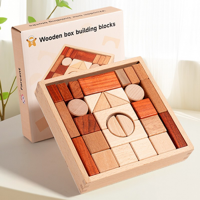 Jucarie Educativa din Lemn, Set Cuburi de Constructie cu Tavita, Piese Geometrice din Lemn Masiv, Dezvolta Creativitatea si Indemanarea, 17.5x17.5x3.5 cm, Maro [3]