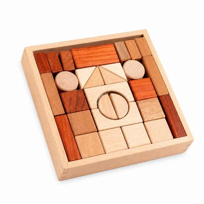 Jucarie Educativa din Lemn, Set Cuburi de Constructie cu Tavita, Piese Geometrice din Lemn Masiv, Dezvolta Creativitatea si Indemanarea, 17.5x17.5x3.5 cm, Maro [2]