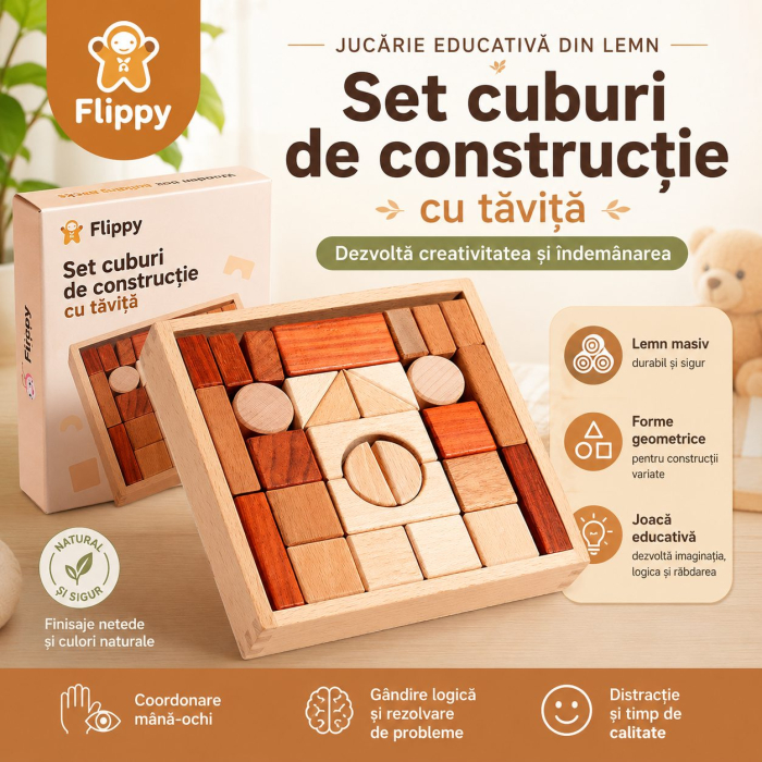 Jucarie Educativa din Lemn, Set Cuburi de Constructie cu Tavita, Piese Geometrice din Lemn Masiv, Dezvolta Creativitatea si Indemanarea, 17.5x17.5x3.5 cm, Maro [4]