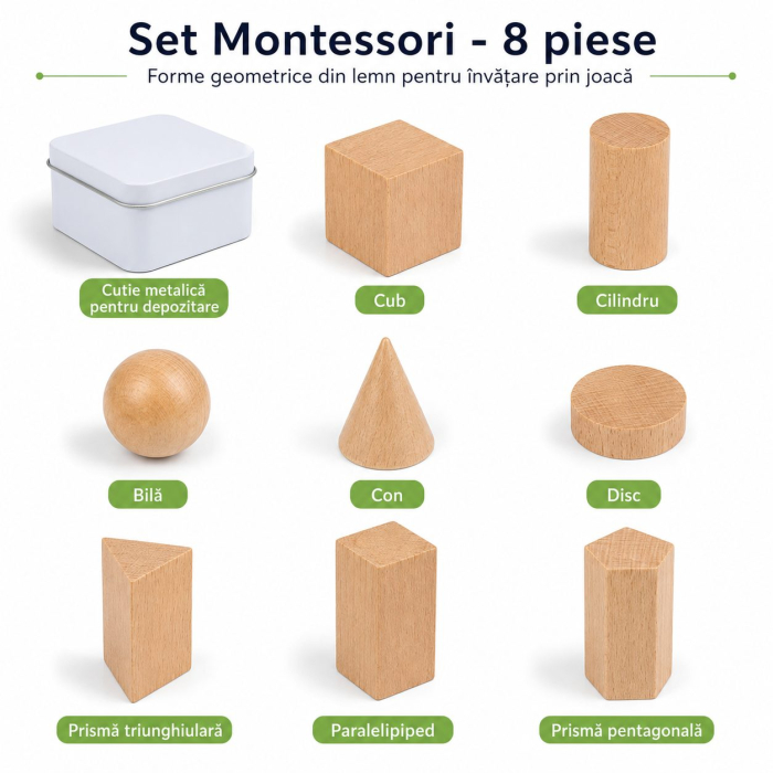 Jucarie Educativa din Lemn, Set Montessori cu 7 Forme Geometrice 3D, Cutie Metalica, 8 Piese, 0.19 kg, Natur [2]