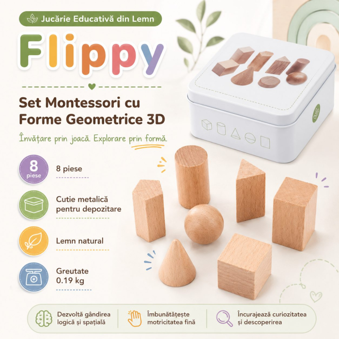 Jucarie Educativa din Lemn, Set Montessori cu 7 Forme Geometrice 3D, Cutie Metalica, 8 Piese, 0.19 kg, Natur [3]