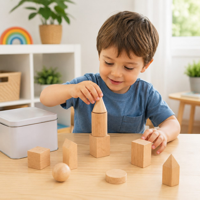 Jucarie Educativa din Lemn, Set Montessori cu 7 Forme Geometrice 3D, Cutie Metalica, 8 Piese, 0.19 kg, Natur [4]