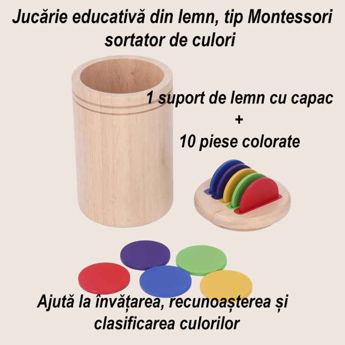 Jucarie Educativa Montessori din Lemn, 13 Piese, Sortator cu Discuri Colorate, Joc de Motricitate Fina pentru Copii, Varsta 2+ ani, Saculet Depozitare, 11.3 x 7 cm, Multicolor [3]