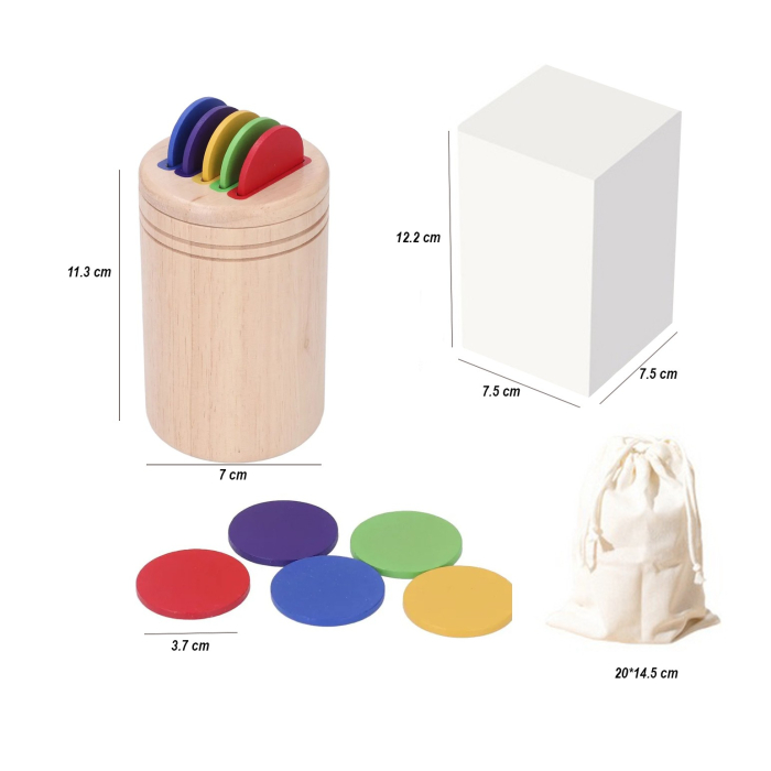 Jucarie Educativa Montessori din Lemn, 13 Piese, Sortator cu Discuri Colorate, Joc de Motricitate Fina pentru Copii, Varsta 2+ ani, Saculet Depozitare, 11.3 x 7 cm, Multicolor [2]