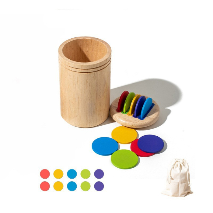 Jucarie Educativa Montessori din Lemn, 13 Piese, Sortator cu Discuri Colorate, Joc de Motricitate Fina pentru Copii, Varsta 2+ ani, Saculet Depozitare, 11.3 x 7 cm, Multicolor [1]