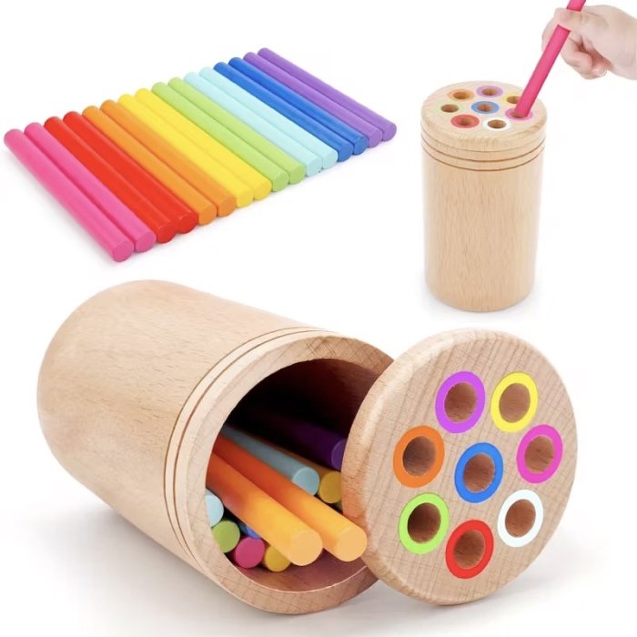 Jucarie Educativa Montessori din Lemn, 19 Piese, Sortator cu Betisoare, Joc de Motricitate Fina pentru Copii, Varsta 2+ ani, Saculet Depozitare, 11.3 x 7 cm, Multicolor [3]