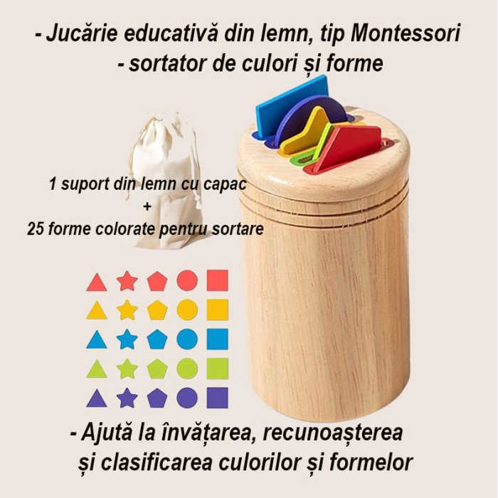 Jucarie Educativa Montessori din Lemn, 28 Piese, Sortator cu Forme Geometrice, Joc de Motricitate Fina pentru Copii, Varsta 2+ ani, Saculet Depozitare, 11.3 x 7 cm, Multicolor [4]